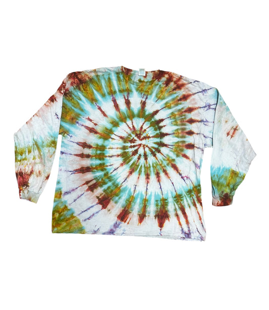 Adult 3XL Green Blue Gold and Red Spiral Ice Dye Tie Dye Long Sleeve Shirt
