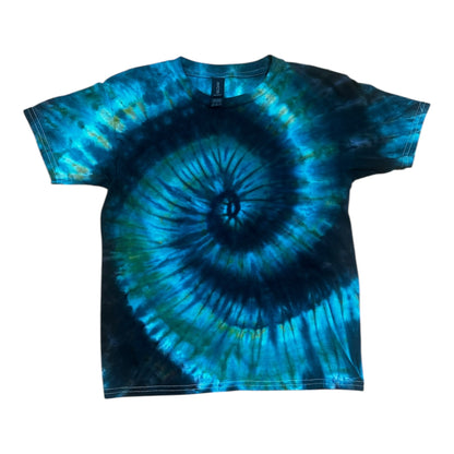 Youth Medium Blue Green Gold and Black Spiral Ice Dye Tie Dye Shirt