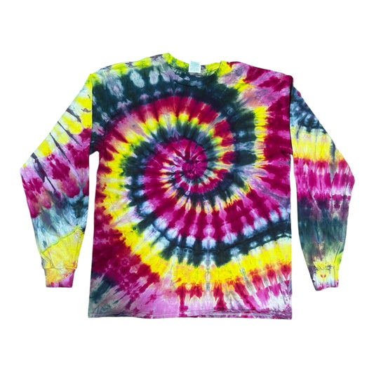Adult Large Fuchsia Yellow and Black Spiral Ice Dye Tie Dye Long Sleeve Shirt