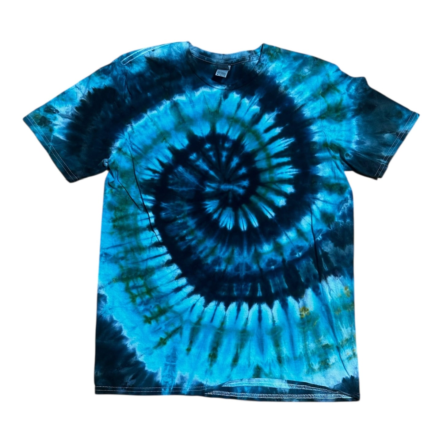 Adult Medium Blue Black and Green Spiral Ice Dye Tie Dye Shirt