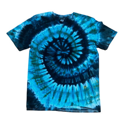 Adult Medium Blue Black and Green Spiral Ice Dye Tie Dye Shirt