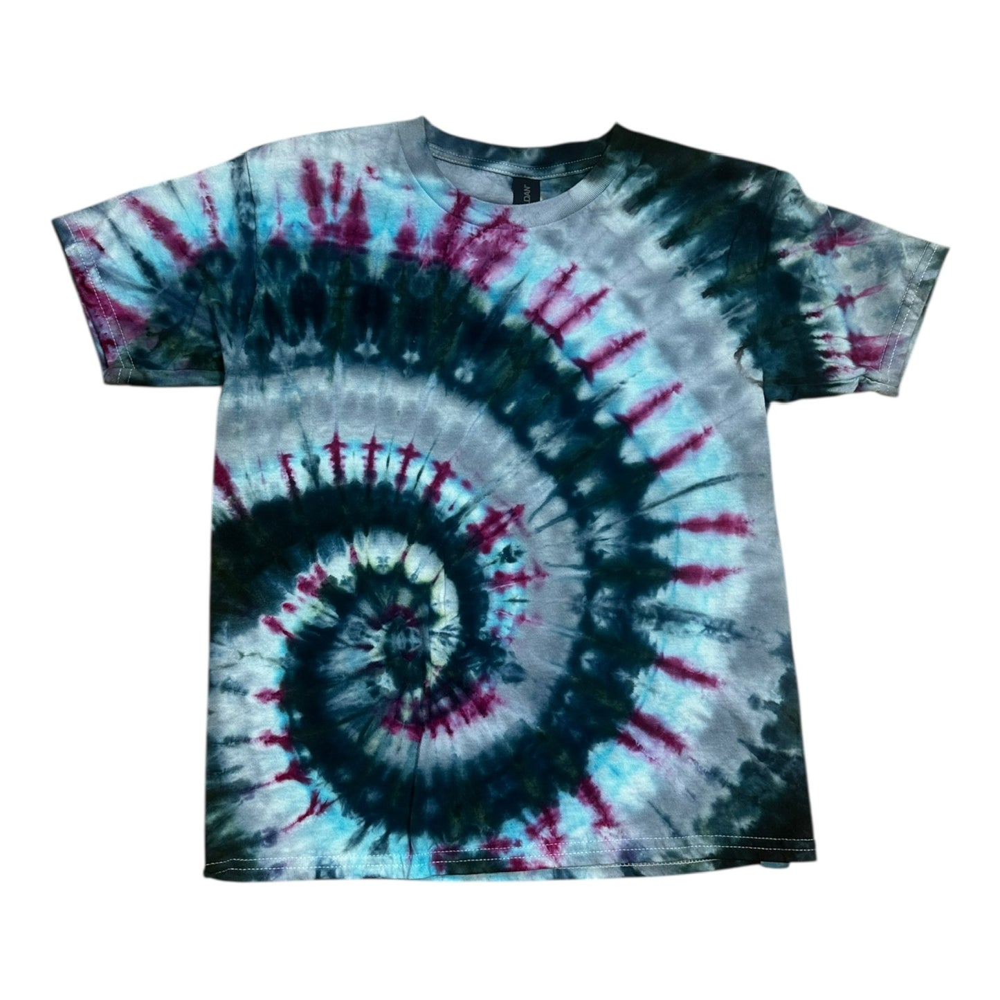 Youth Medium Blue Gray Purple and Black Spiral Ice Dye Tie Dye Shirt