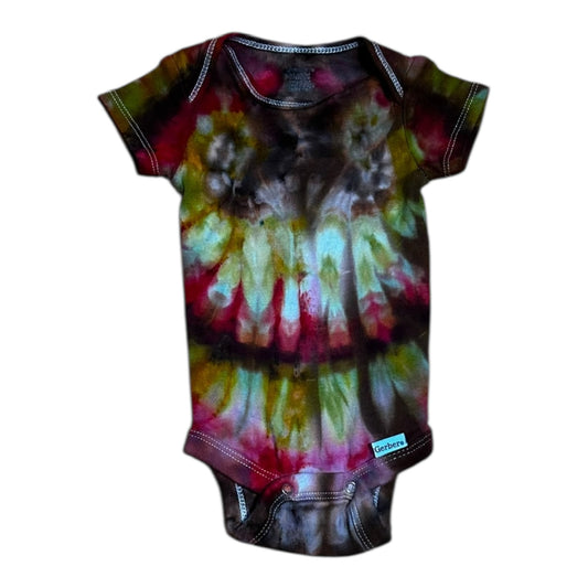 Infant 0-3 Months Red Brown Yellow and Green Pleated Ice Dye Tie Dye Onesie