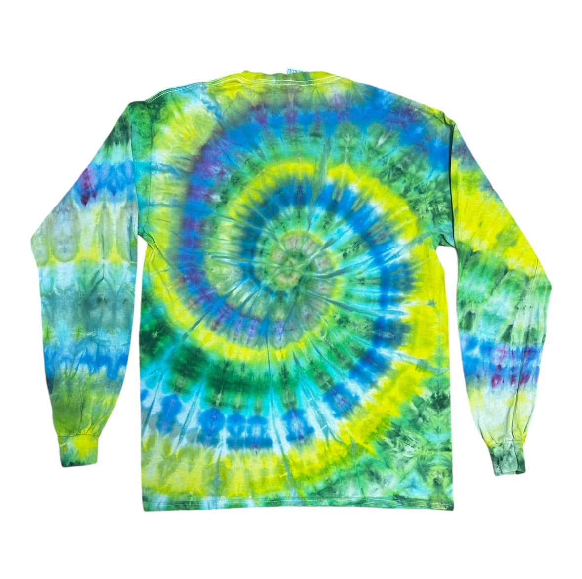 Adult Medium Purple Green Yellow and Blue Spiral Ice Dye Tie Dye Long Sleeve Shirt