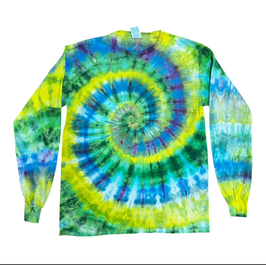 Adult Medium Purple Green Yellow and Blue Spiral Ice Dye Tie Dye Long Sleeve Shirt