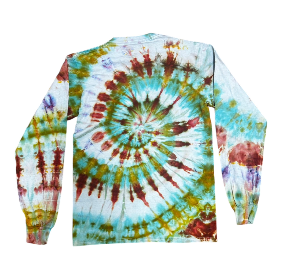 Adult 3XL Green Blue Gold and Red Spiral Ice Dye Tie Dye Long Sleeve Shirt