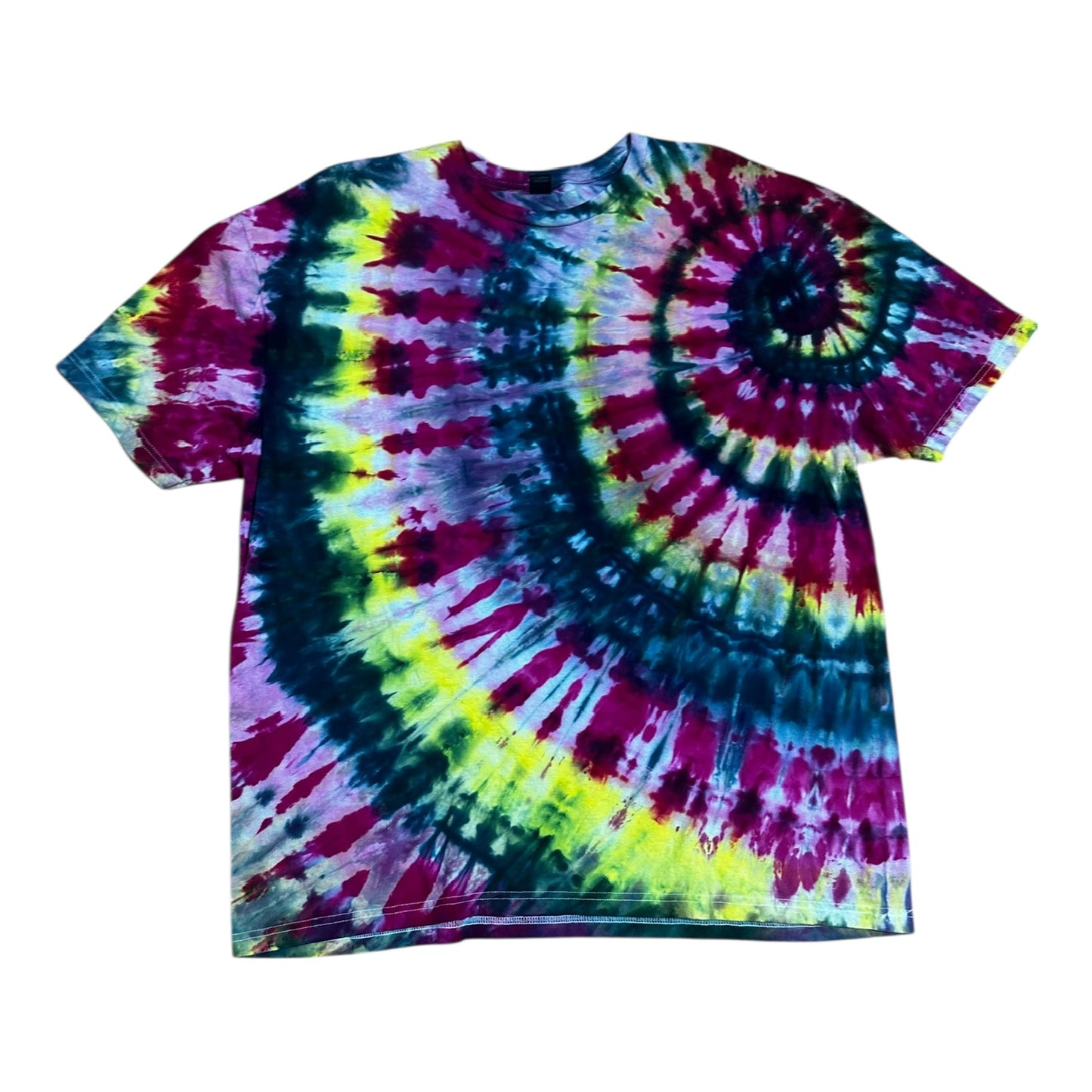 Adult 2XL Fuchsia Green Yellow and Gray Spiral Ice Dye Tie Dye T-Shirt