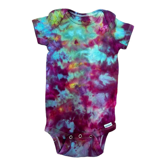 Infant 3-6 Months Pink Purple Yellow Green and Blue Scrunch Ice Dye Tie Dye Onesie