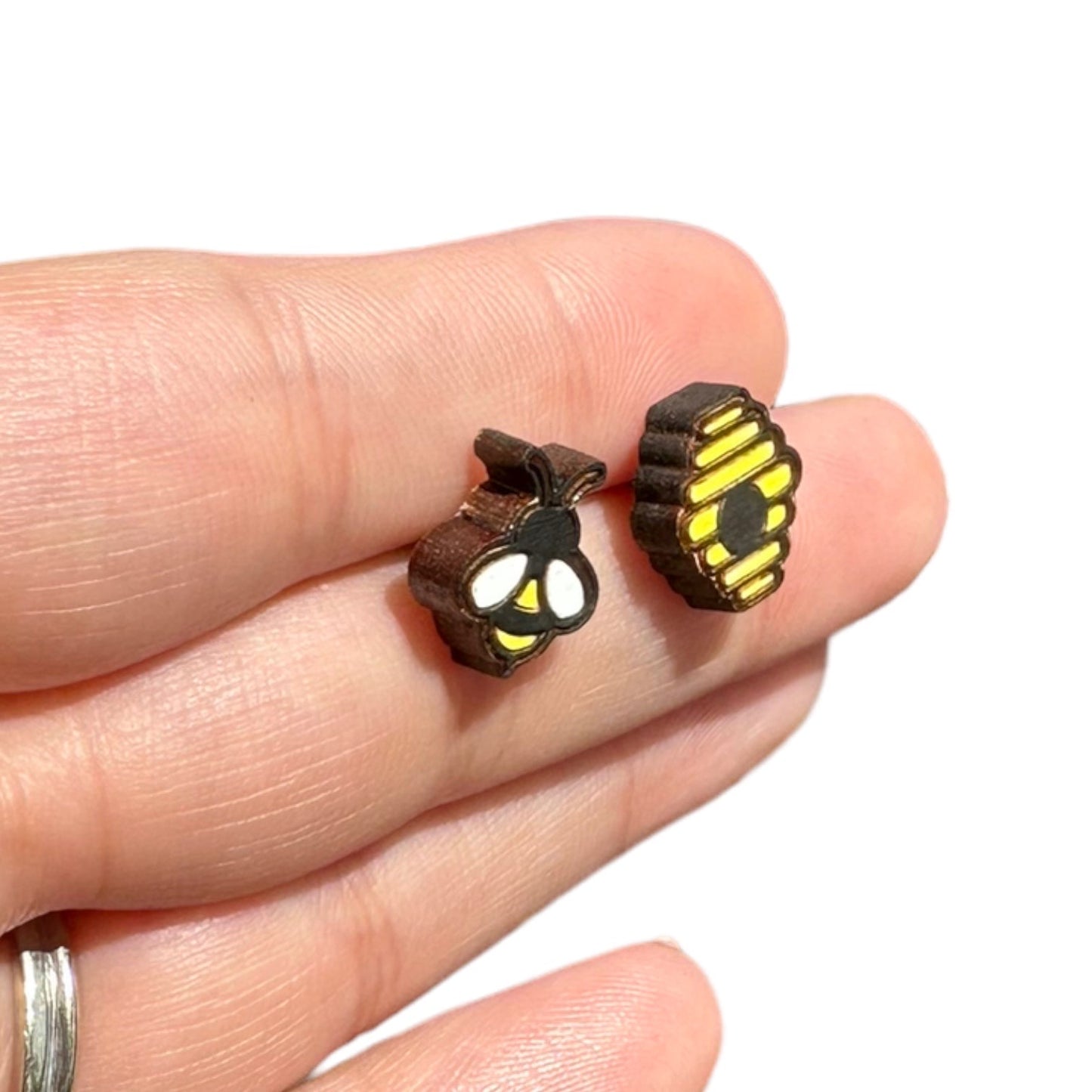 Hypoallergenic Hand Painted Bumble Bee and Beehive Laser Engraved Wood Earrings