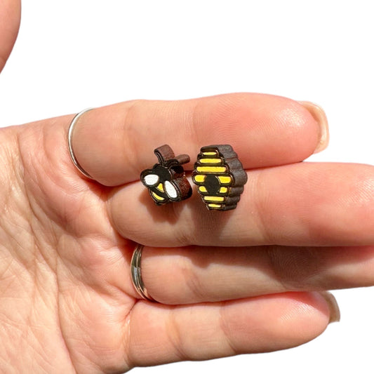 Hypoallergenic Hand Painted Bumble Bee and Beehive Laser Engraved Wood Earrings