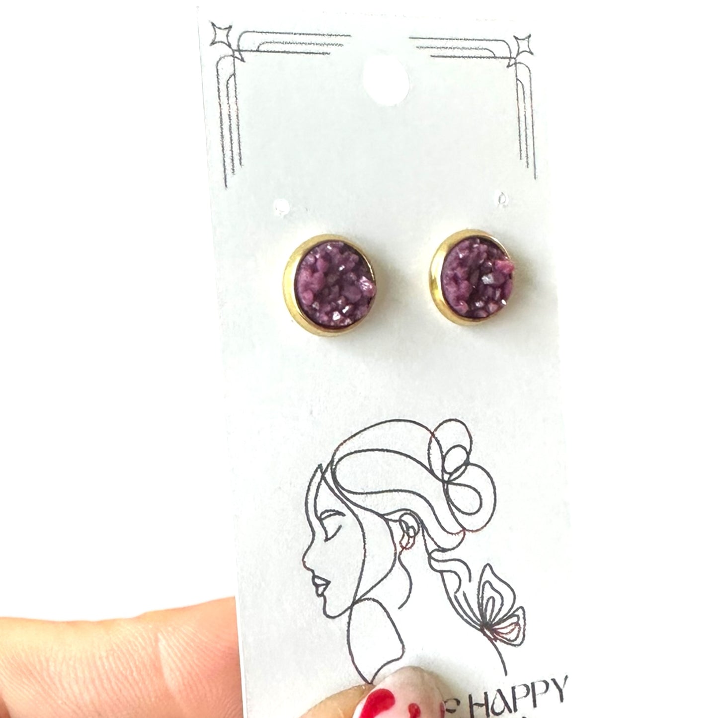 8MM Hypoallergenic Plum Purple Faux Druzy Earring Studs