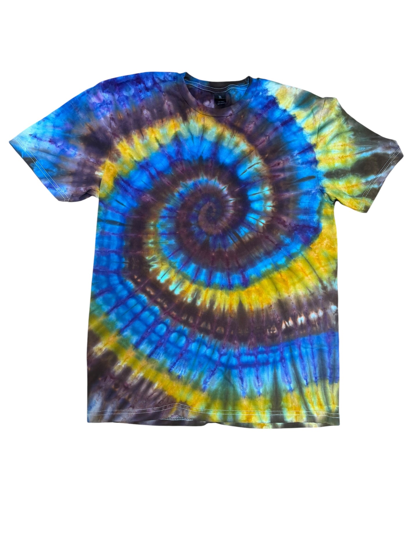 Adult Medium Blue Brown Green and Yellow Spiral Ice Dye Tie Dye Shirt