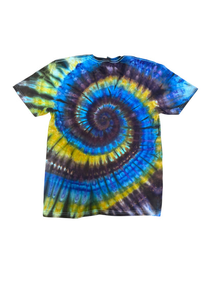 Adult Medium Blue Brown Green and Yellow Spiral Ice Dye Tie Dye Shirt
