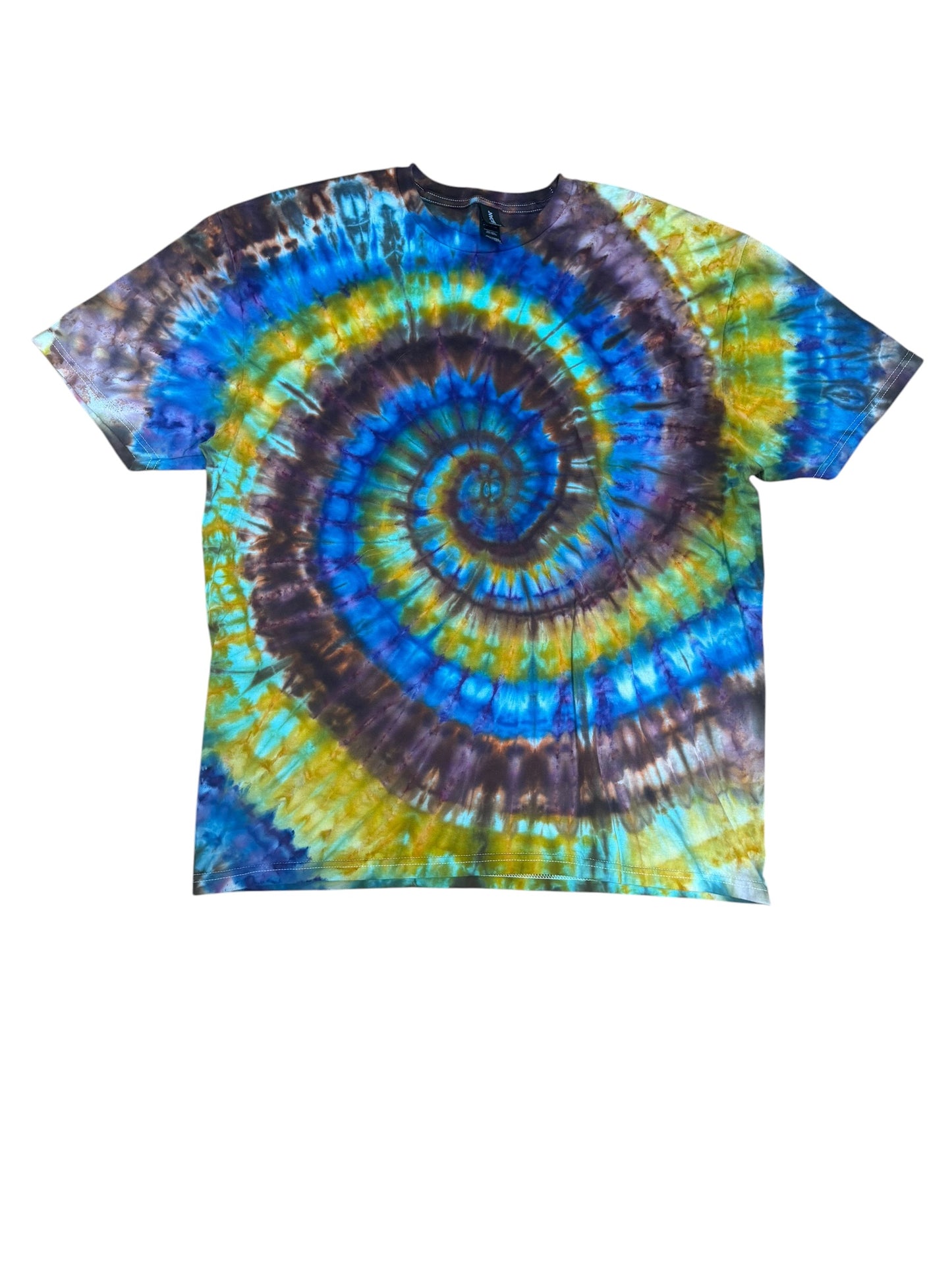 Adult XL Blue Brown Green and Yellow Spiral Ice Dye Tie Dye Shirt