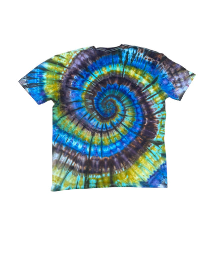 Adult XL Blue Brown Green and Yellow Spiral Ice Dye Tie Dye Shirt
