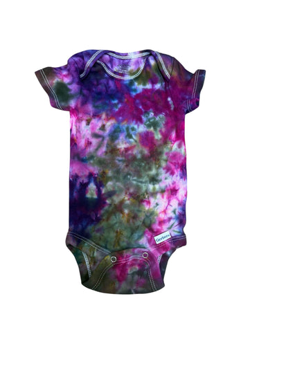 Infant 0-3 Months Blue Green Purple and Brown Scrunch Ice Dye Tie Dye Onesie
