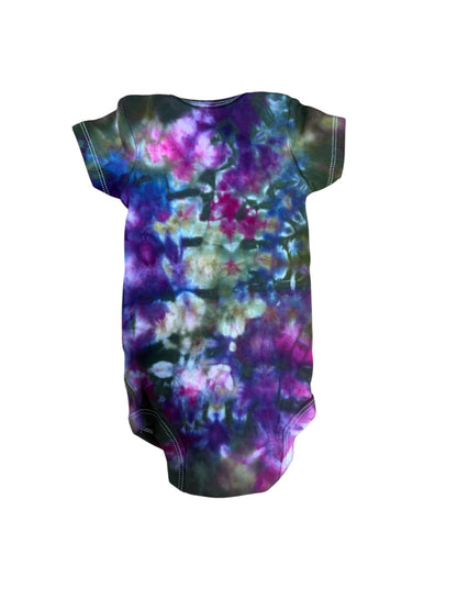 Infant 6-9 Months Blue Green Purple and Brown Scrunch Ice Dye Tie Dye Onesie
