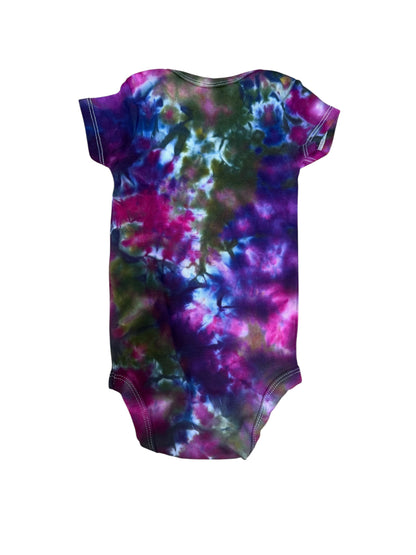 Infant 12 Months Blue Green Purple and Brown Scrunch Ice Dye Tie Dye Onesie