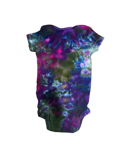 Infant 12 Months Blue Green Purple and Brown Scrunch Ice Dye Tie Dye Onesie