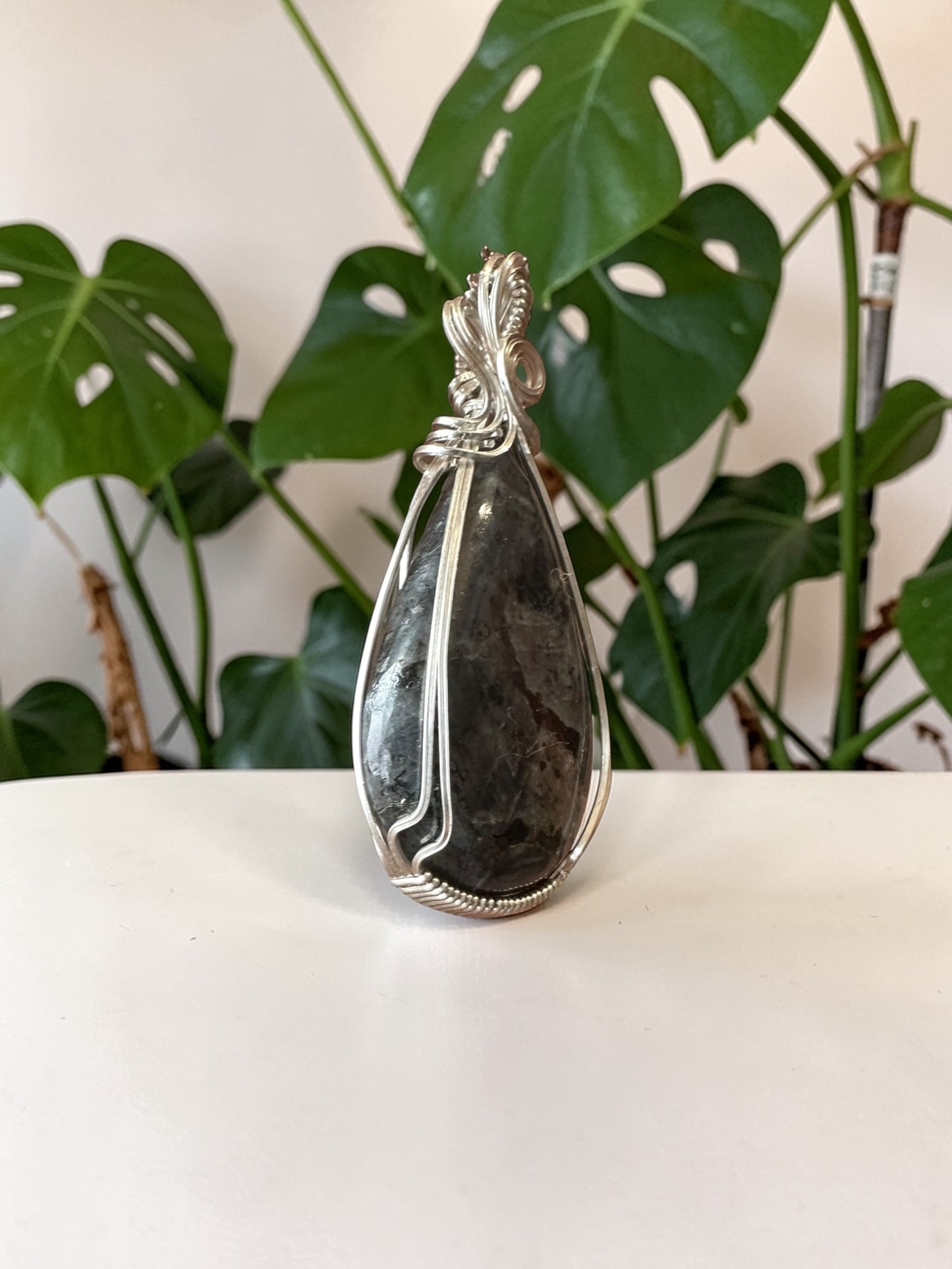 Sterling Silver Wire Wrapped Larvikite Shell Crystal Bezel Pendant