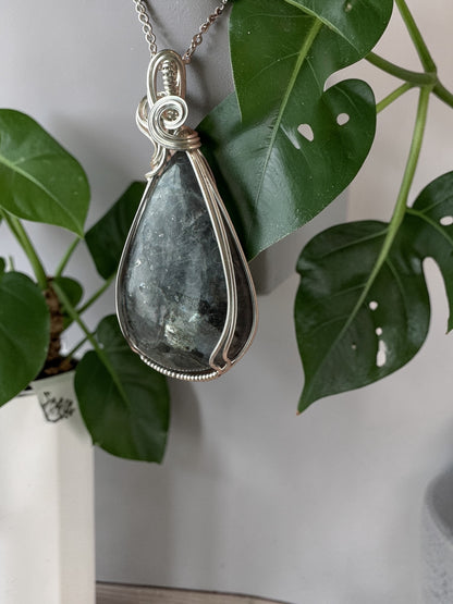 Sterling Silver Wire Wrapped Larvikite Shell Crystal Bezel Pendant