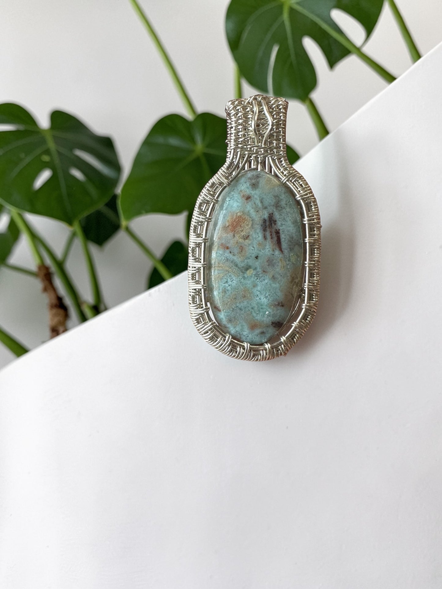 Sterling Silver Intricate Wire Wrapped Ocean Jasper Crystal Pendant