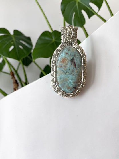 Sterling Silver Intricate Wire Wrapped Ocean Jasper Crystal Pendant