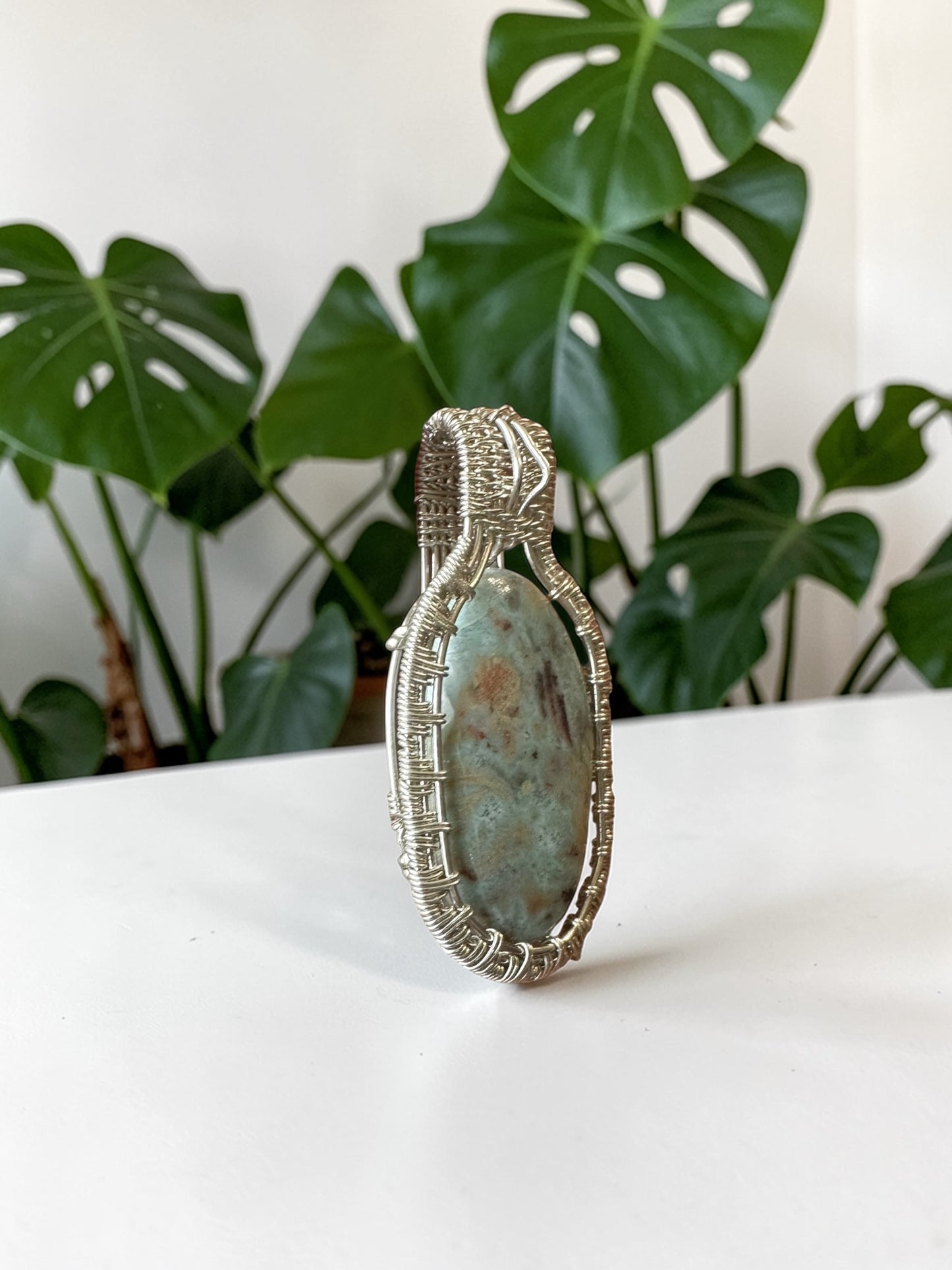 Sterling Silver Intricate Wire Wrapped Ocean Jasper Crystal Pendant