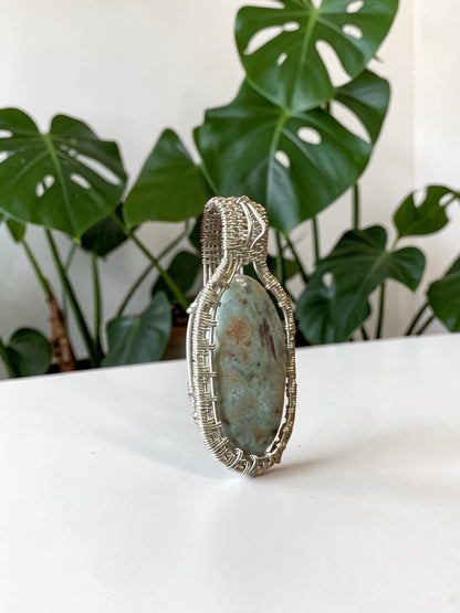 Sterling Silver Intricate Wire Wrapped Ocean Jasper Crystal Pendant