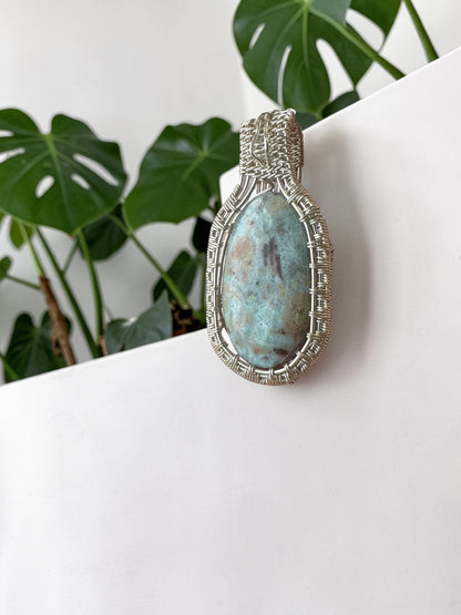 Sterling Silver Intricate Wire Wrapped Ocean Jasper Crystal Pendant
