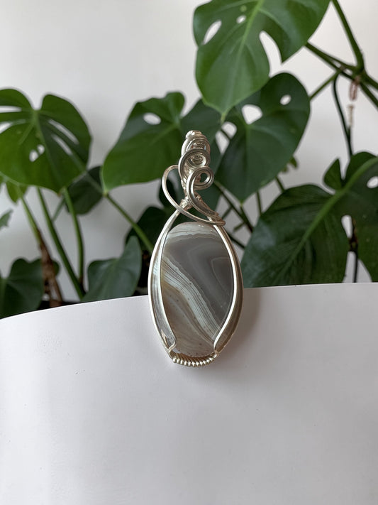 Sterling Silver Wire Wrapped Gray Agate Crystal Bezel Pendant