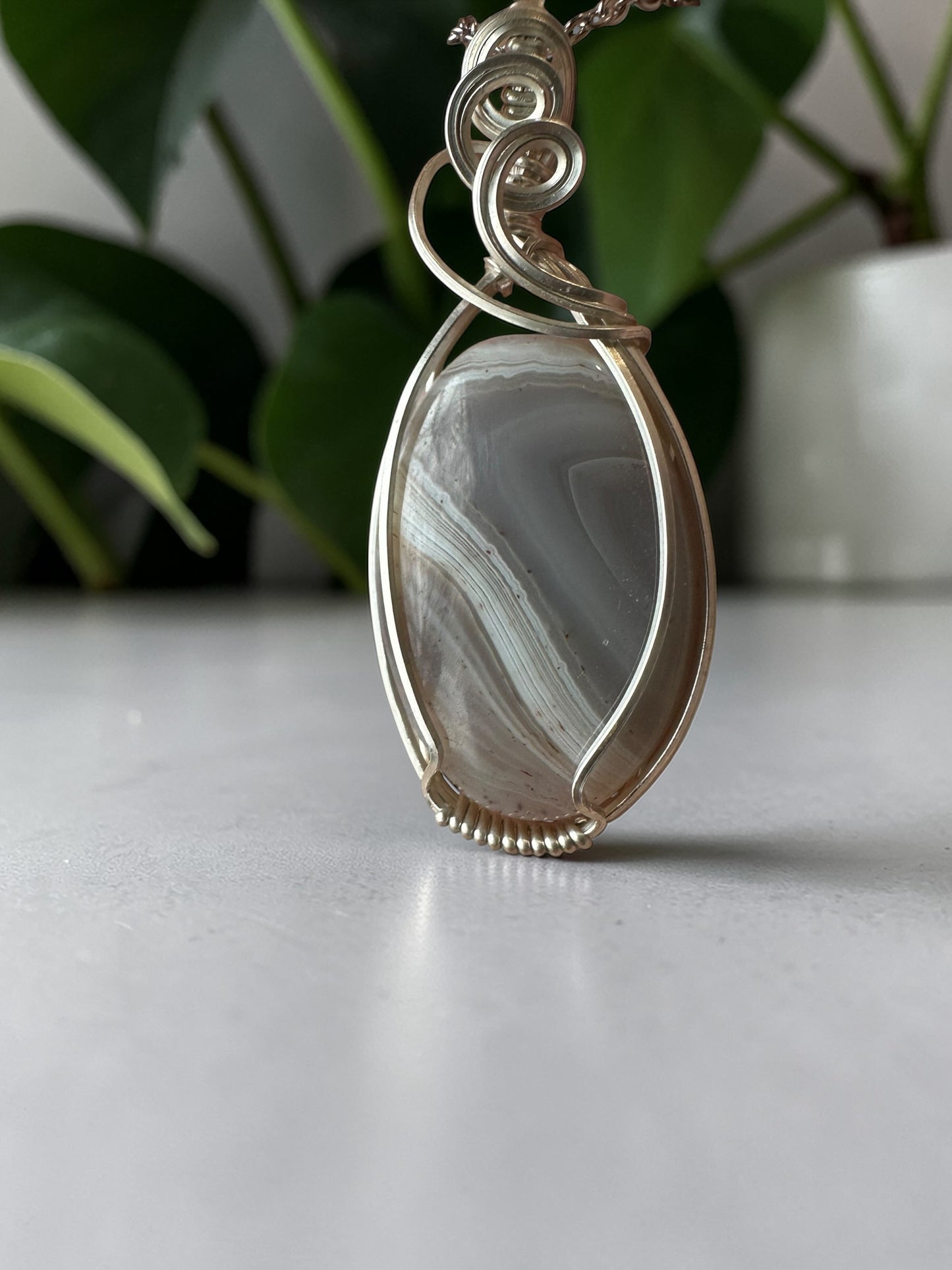 Sterling Silver Wire Wrapped Gray Agate Crystal Bezel Pendant