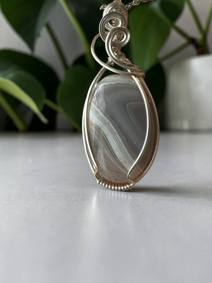 Sterling Silver Wire Wrapped Gray Agate Crystal Bezel Pendant