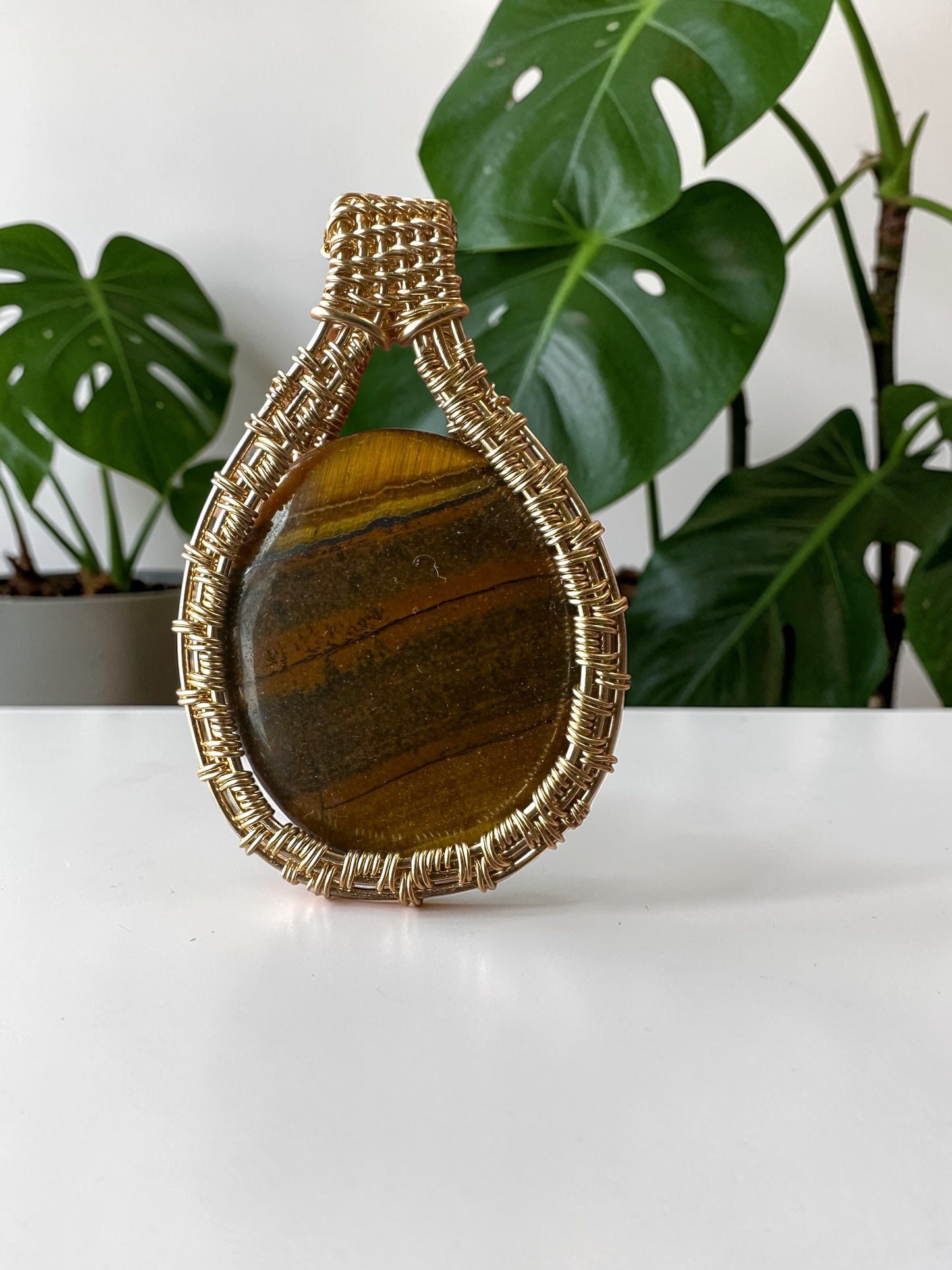 14KT Gold Filled Intricate Wire Wrapped Tiger's Eye Crystal Pendant