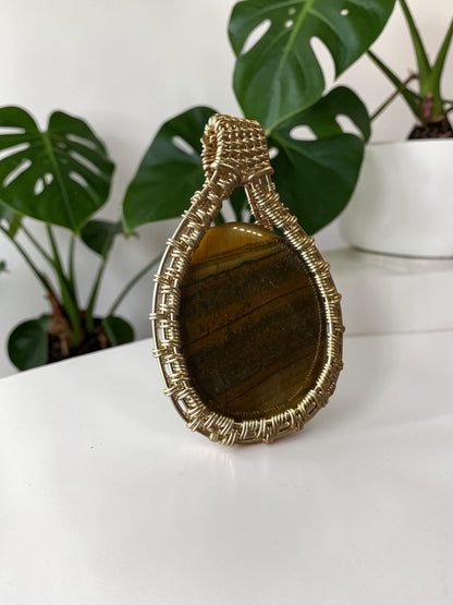 14KT Gold Filled Intricate Wire Wrapped Tiger's Eye Crystal Pendant