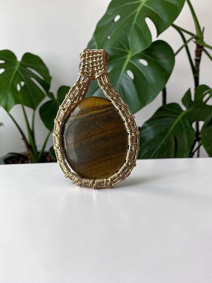 14KT Gold Filled Intricate Wire Wrapped Tiger's Eye Crystal Pendant