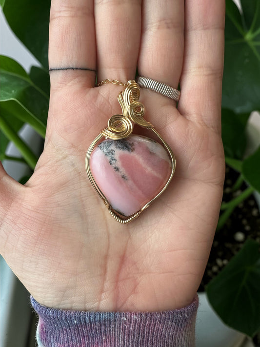 14KT Gold Filled Wire Wrapped Pink Opal Crystal Bezel Pendant