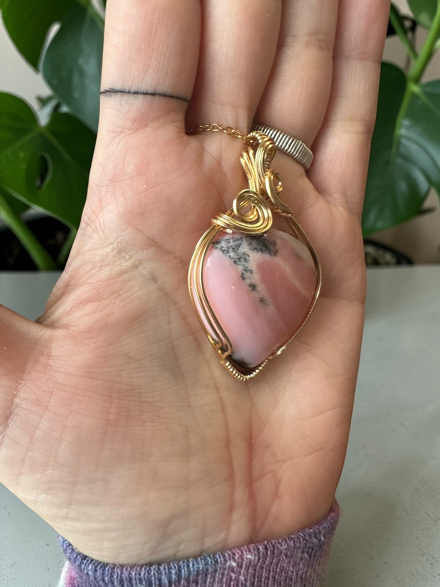 14KT Gold Filled Wire Wrapped Pink Opal Crystal Bezel Pendant