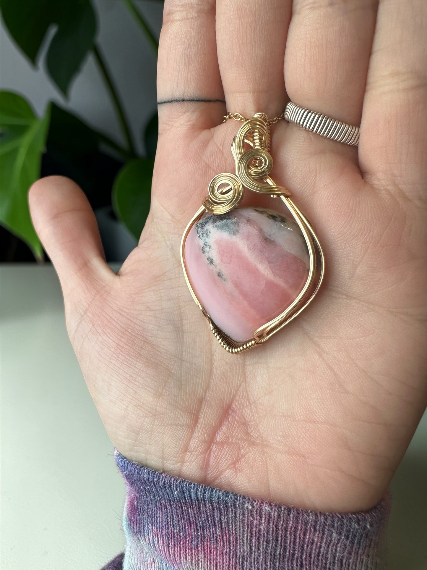 14KT Gold Filled Wire Wrapped Pink Opal Crystal Bezel Pendant