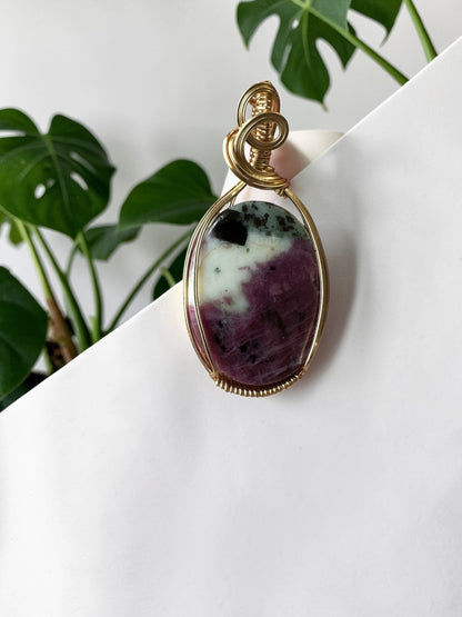 14kt Gold Filled Wire Wrapped Ruby Zoisite Crystal Bezel Pendant