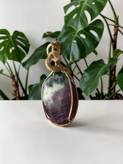 14kt Gold Filled Wire Wrapped Ruby Zoisite Crystal Bezel Pendant