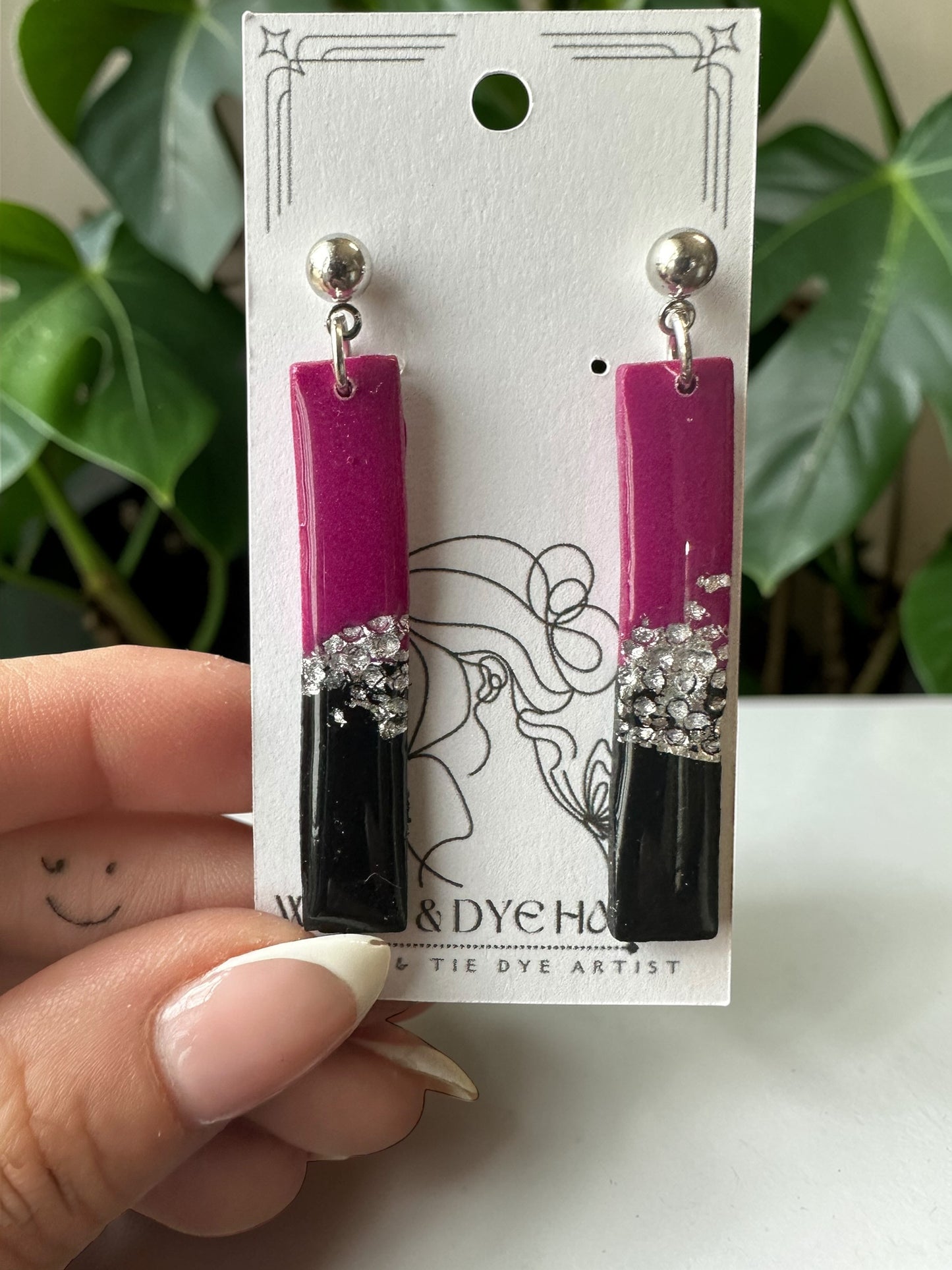 Hypoallergenic Clay Purple Silver and Black Dangle Earrings