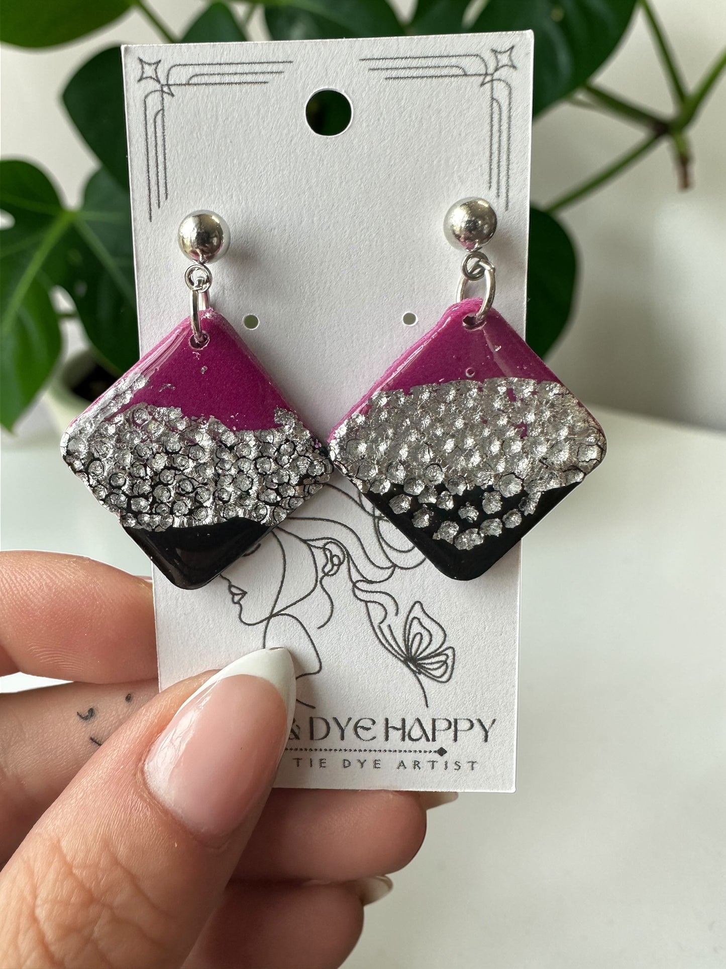 Hypoallergenic Clay Purple Silver and Black Dangle Earrings