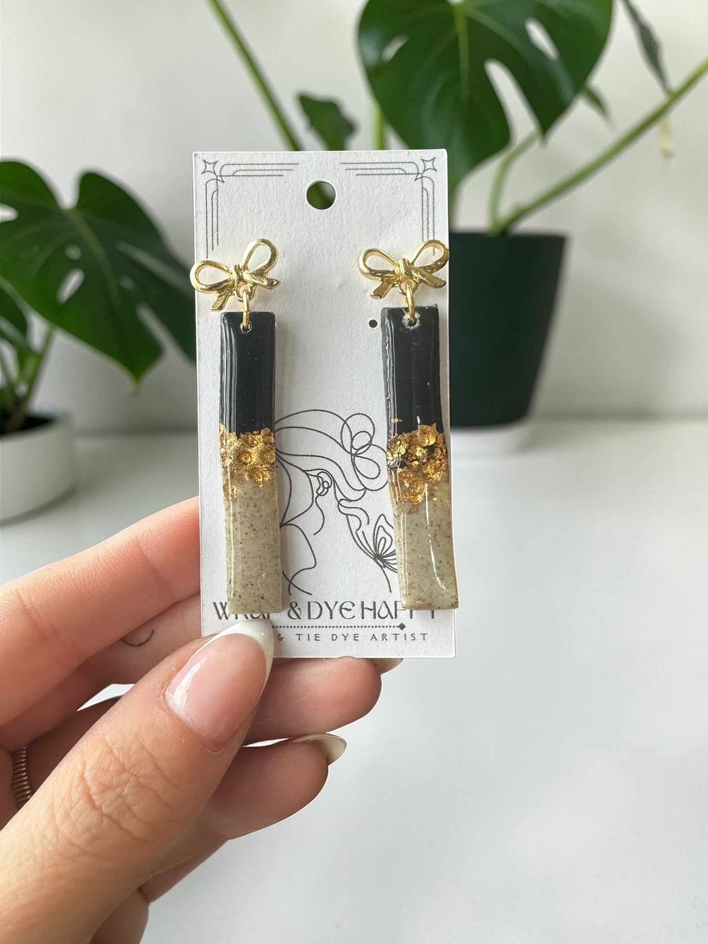 Hypoallergenic Clay Granite Gold and Black Dangle Earrings