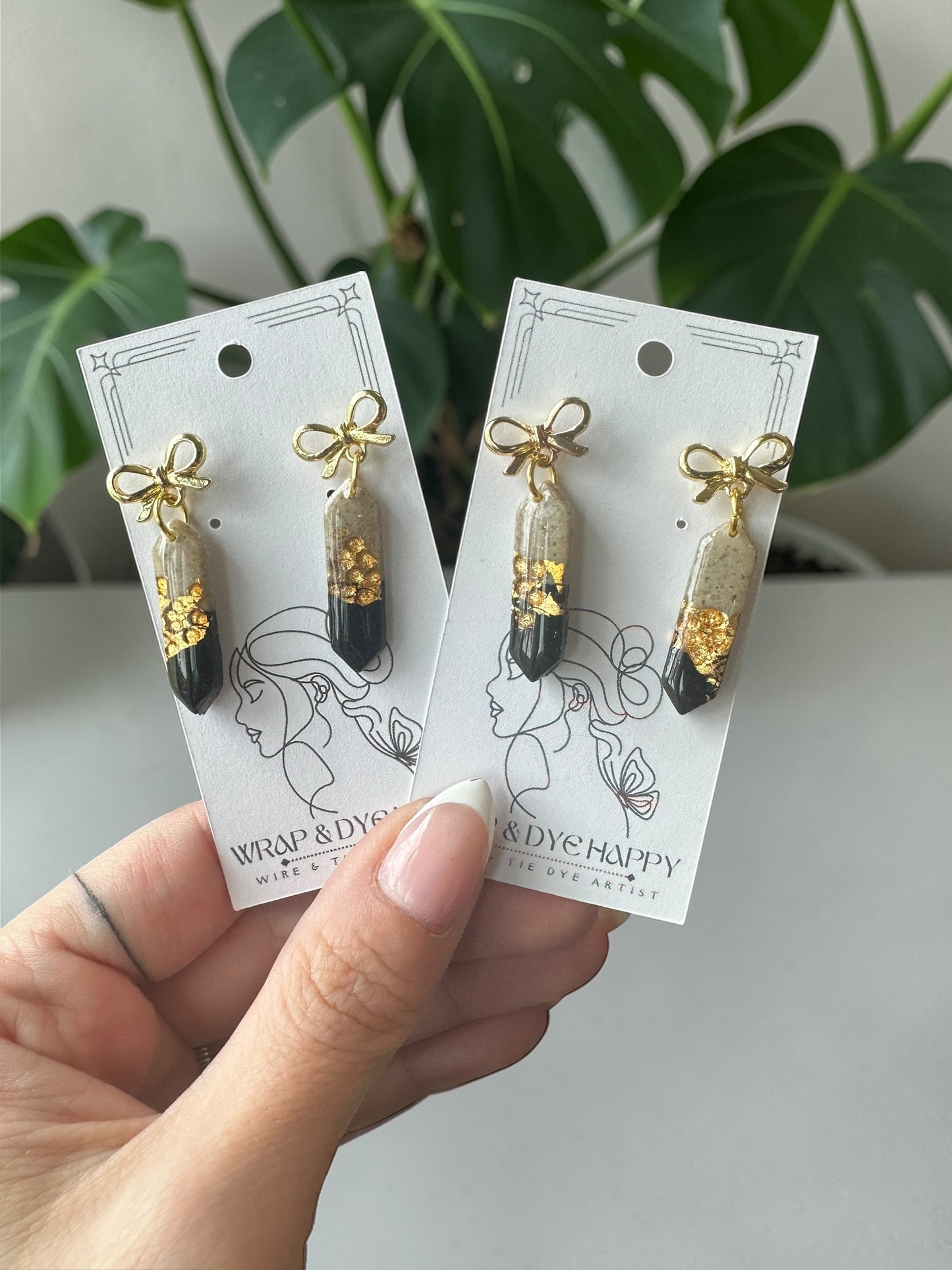 Hypoallergenic Clay Granite Gold and Black Dangle Earrings