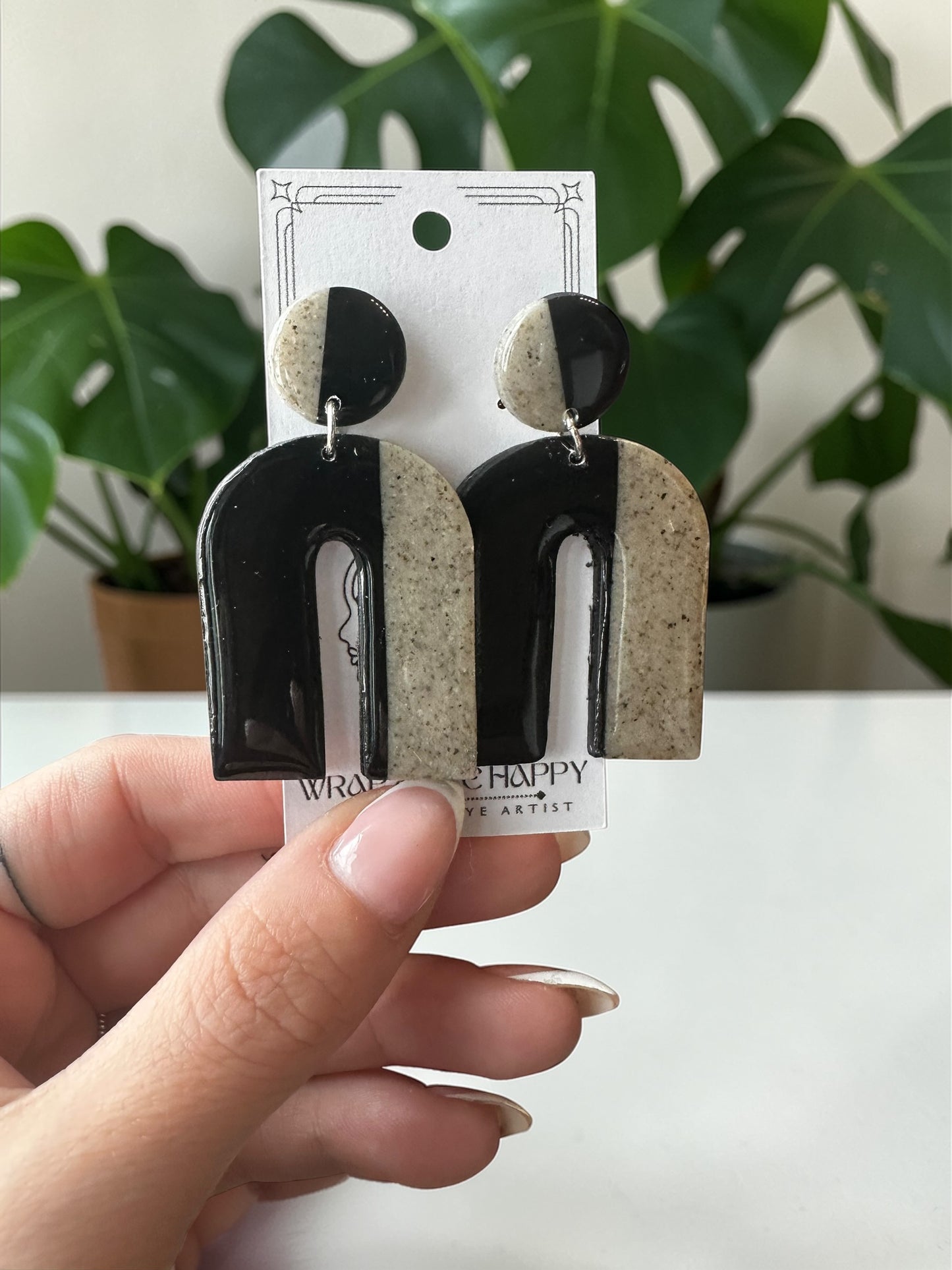 Hypoallergenic Clay Granite and Black Dangle Earrings