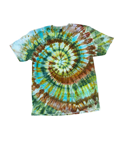 Adult Large Green Blue And Brown Spiral Ice Dye Tie Dye Shirt