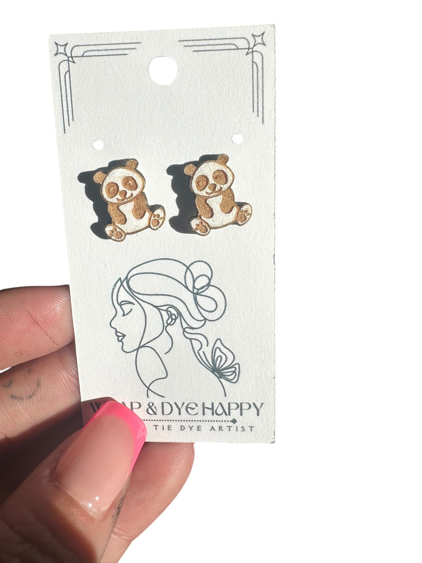 Hypoallergenic Painted Panda Laser Engraved Wood Earrings