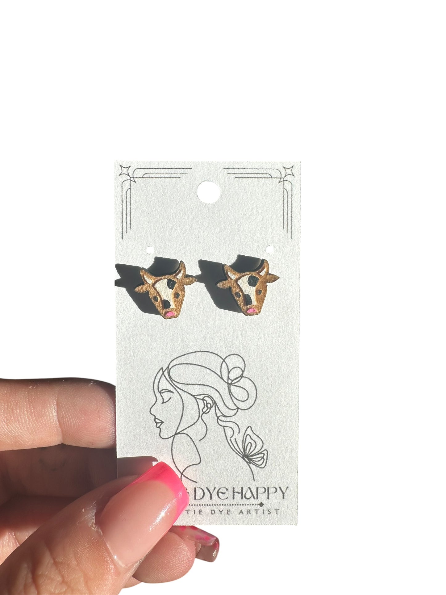 Hypoallergenic Hand Painted Cow Laser Engraved Wood Stud Earrings