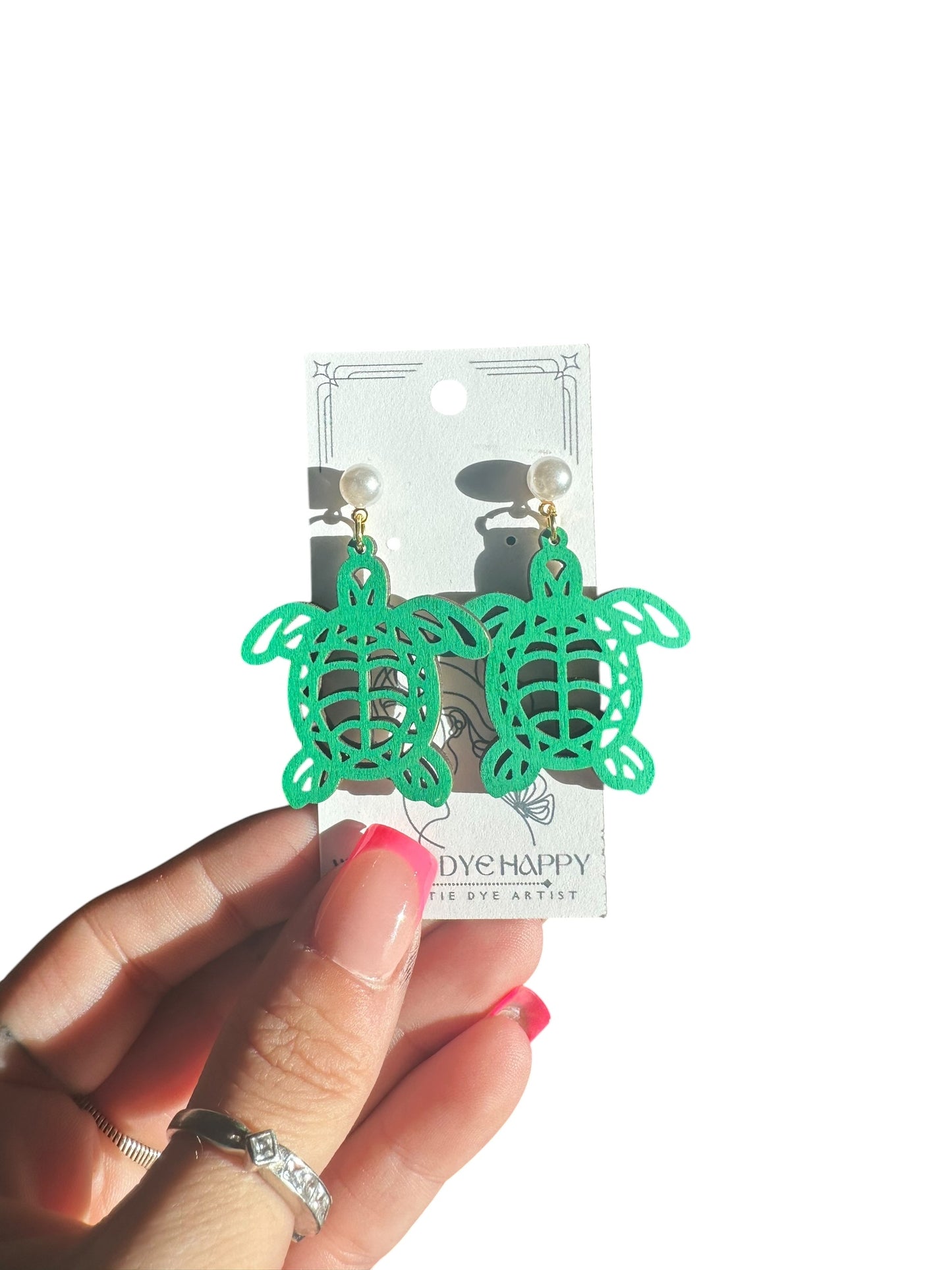 Hypoallergenic Hand Painted Turtle Laser Engraved Wood Dangle Earrings